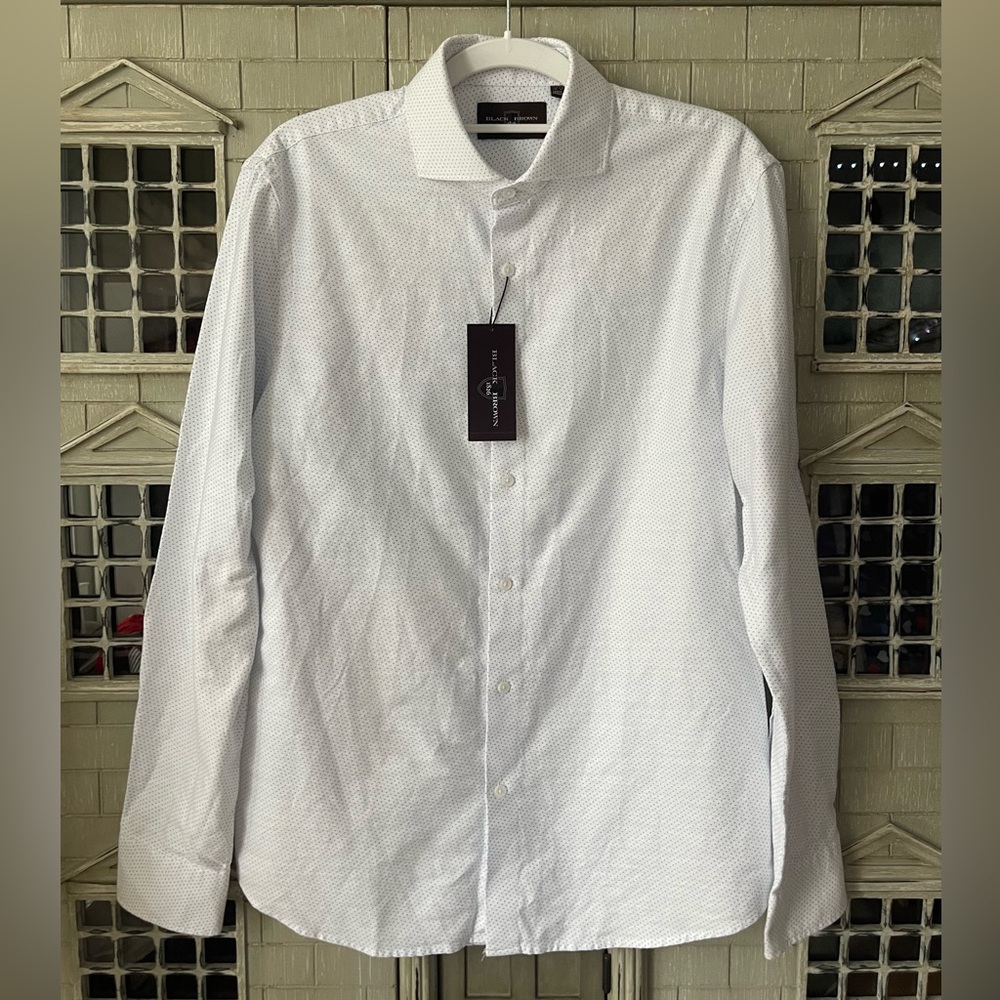 Black Brown 1826 Men’s White with Tiny Blue Dots Dress Shirt